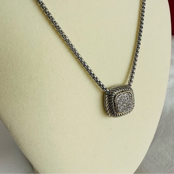 Pave CZ Diamond Pendant Silver Box Chain Necklace - Picture 6 of 11
